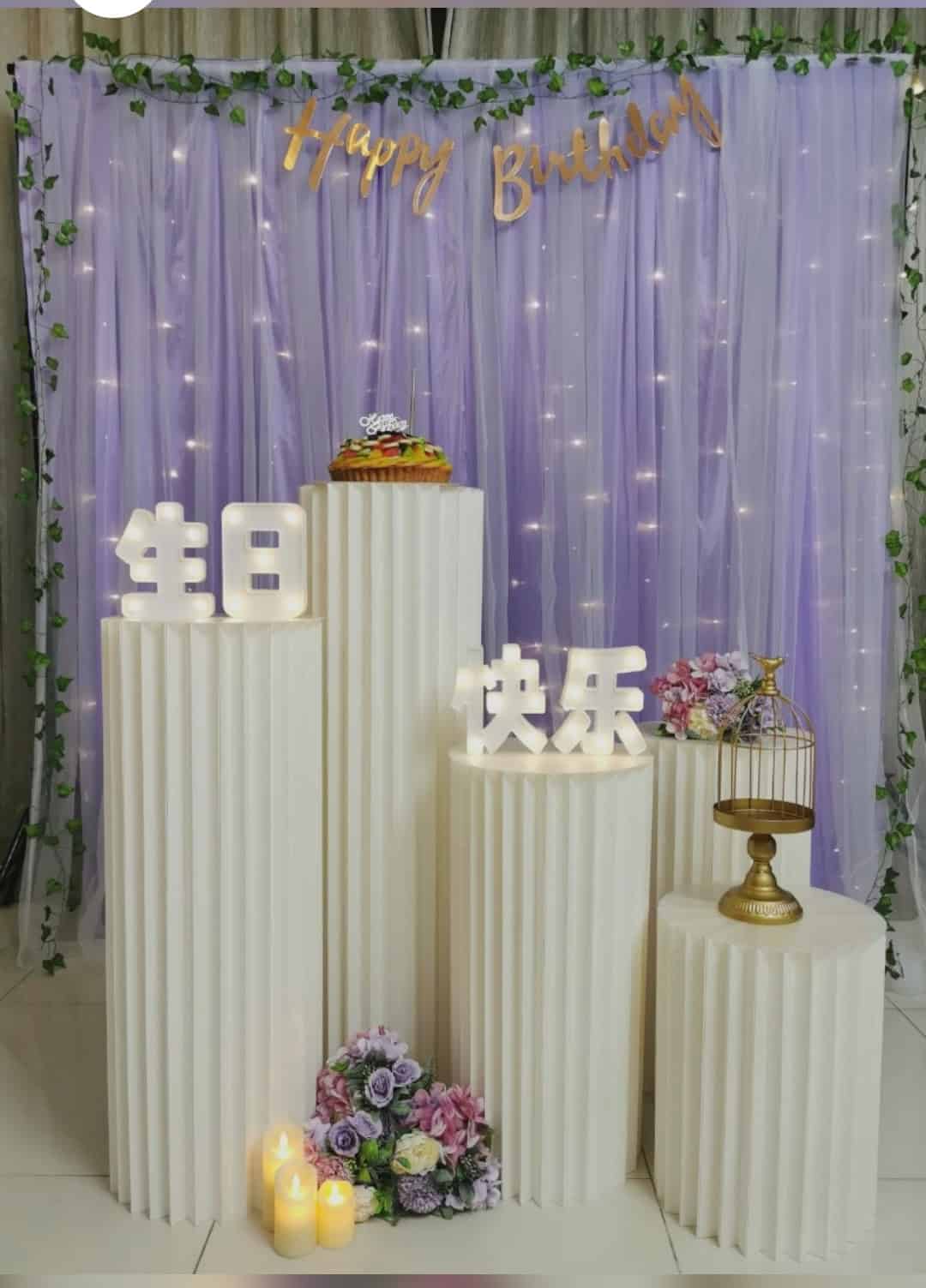 Purple Backdrop with plinths Dessert Table Decoration